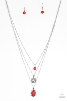 SOUTHERN ROOTS - RED Three shimmery silver chains layer down the chest. A fiery red stone bead swings from the uppermost strand, above a radiant silver tree charm and an ornate red stone pendant for a seasonal look. Features an adjustable clasp closure. Sold as one individual necklace. Includes one pair of matching earrings. P2SE-RDXX-204XX ORDERED 8 JUL 20 Red Stone Pendant, Red Necklace, Silver Chains, Silver Tree, Fiery Red, Paparazzi Accessories, White Rhinestone, Stretchy Bracelets, Paparazzi Jewelry