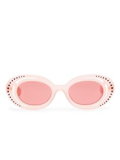 light pink acetate round frame pink tinted lenses crystal embellishment straight arms curved tips These glasses come with a protective case. Designer Pink Sunglasses For Evening, Frame Pink, Sunglasses Pink, Round Frame Sunglasses, Round Frame, Crystal Embellishment, Sunglass Frames, Sunglasses Accessories, Protective Cases