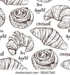 croissants on a white background seamless pattern, hand drawn illustration in vintage engraving style