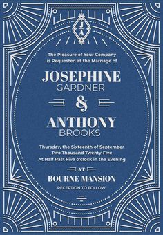 a blue and gold wedding card with an art deco design