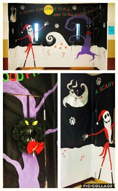 three pictures of halloween decorations on display in the classroom, one is decorated with black and white