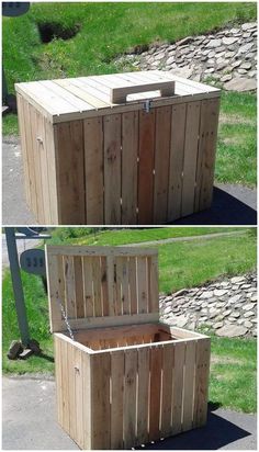 two pictures of an outdoor storage box in the grass