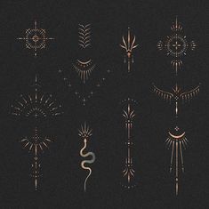 an image of different types of tattoos on a black background, with gold foiling