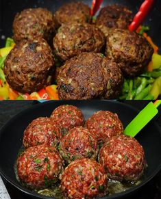 some meatballs are being cooked in a skillet and another is cooking them on the stove