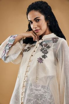 Shop for Soup by Sougat Paul Off White Linen Pastel Floral Applique Shirt With Pant for Women Online at Aza Fashions Sougat Paul, Pant For Women, Applique Shirts, Embroidered Applique, Pastel Floral, Band Collar, Floral Applique, Pants Pattern, Floral Shirt