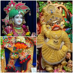 four different images of statues in various colors