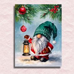 a painting of a santa clause holding a lantern