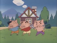 three cartoon pigs are playing in front of a house with mountains and trees behind them