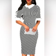 Care Instructions Machine Wash, Dry Clean Only Closure Type Zipper Neck Style Collared Neck Sleeve Type 3/4 Sleeve About This Item Zipper Closure Machine Wash Length 42 Inches Plaid Bodycon Dress, Peter Pan Collar Shirt, Pencil Dresses, Bodycon Dress Formal, Bodycon Tops, Formal Office, Black Houndstooth, Half Sleeve Dresses, Office Dresses