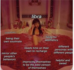 a woman sitting in a bathtub with the words libra above her and below it