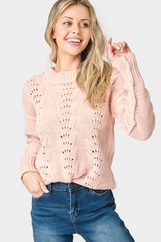 Front of Woman wearing Long Sleeve Pullover Scallop Stitch Sweater in Pink