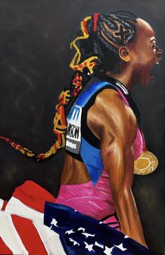 a painting of a woman with braids and an american flag in front of her