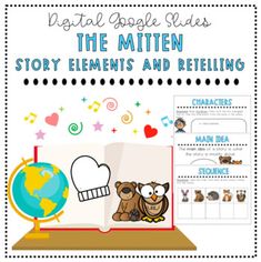 the mitten story elements and retelling worksheet with an open book