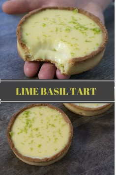 there is a person holding some food in their hand with the words lime basil tart on it