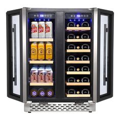 an open glass door refrigerator with drinks in it