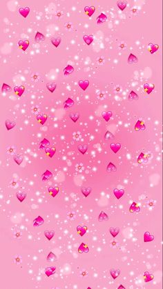 pink hearts are flying through the air with sparkles and stars in the sky behind them