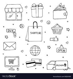 black and white hand drawn shopping icons