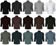 men's long sleeve turtle neck t - shirts in various colors and sizes, front view