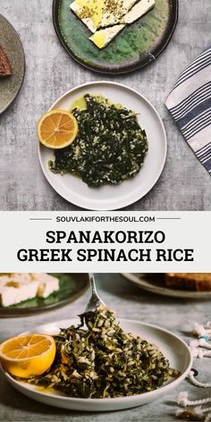 spinach rice with lemon slices and parmesan cheese