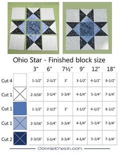 the finished block is shown with measurements for each quilter's size and pattern