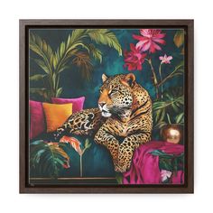 a painting of a leopard sitting on a couch surrounded by tropical plants and flowers,