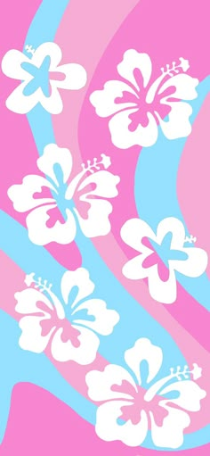 a pink and blue background with white flowers on the left side of the image is an abstract design