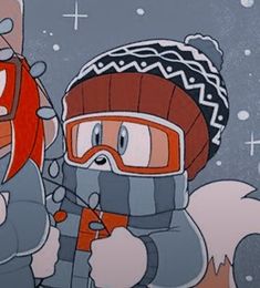 two cartoon characters wearing winter clothing and goggles, one holding an orange object in his hand