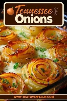 a casserole dish with onions and parsley on top