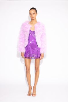 Marabou feathers embellish this jacket, available in a range of colours for every occasion. The silhouette of this jacket incorporates femininity with a sophisticated allure.  Perfect for weddings, bridesmaids & special occasions.  Pair over a cool tee and jeans to revamp your daytime style or over a party dress at night for full evening glam.  Satin lining Marabou feathers* Hook and eyes fastening at the centre front  Length: 55cm The model is 5ft 8 and wears a size small Gentle Dry Clean *As t Marabou Feathers, Feather Jacket, Lavender Purple, Warm Coat, Cool Tees, Evening Wear, Party Dress, Lavender, Jackets & Coats