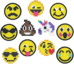 pixelated smiley face embellishments are arranged in different shapes and sizes on a white background