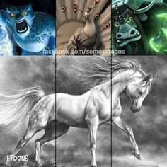 four different colored pictures of horses and monsters