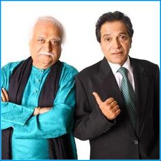 two men standing next to each other in front of a white background with blue border