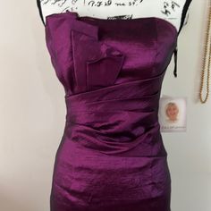 Brand New With Tag Purple Midi Dress With Fitted Bodice For Cocktail, Purple Cocktail Midi Dress With Fitted Bodice, Purple Fitted Dress With Pleated Bodice, Elegant Mini Dress With Ruched Bodice For Dinner, Formal Sheath Silk Mini Dress, Purple Fitted Mini Dress For Gala, Fitted Purple Mini Dress For Gala, Purple Midi Dress With Fitted Bodice For Evening, Purple Fitted Midi Evening Dress