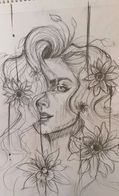 a drawing of a woman with flowers in her hair