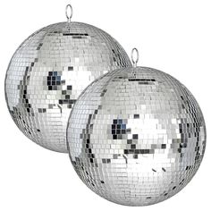 two shiny disco ball ornaments hanging from chains