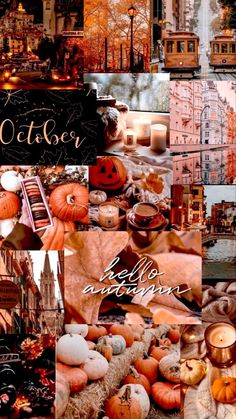 a collage of photos with pumpkins, candles and other things in them that say october