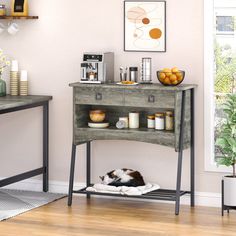 a dog is laying on the floor under a shelf with candles and other items in it