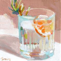 an oil painting of a glass filled with ice and orange slices