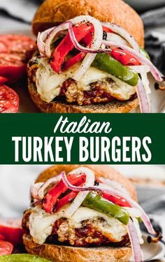 italian turkey burgers with onions, peppers and cheese