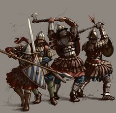 Skutatoi, Bulgarian swordsman, Varangian, and dismounted cataphract all in for a fun blade swinging time. Though our Varangian might enjoy himself a little too much. Ottoman Fashion, Byzantine Army, Varangian Guard, Warriors Illustration, Historical Warriors, Eastern Roman, Medieval Knights, Empire Romain, Historical Armor