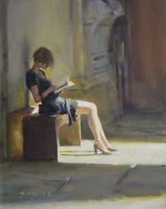 a painting of a woman sitting on a bench reading