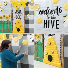 a collage of photos showing the process of making a beehive