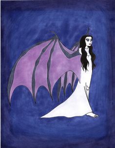 a drawing of a woman in a white dress with a purple dragon behind her