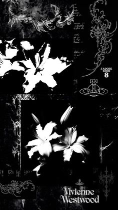 some black and white images with flowers in the middle one has writing on it that says whimsice westwood