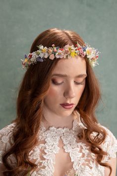 Wild flowers hair crown in meadow style. Perfect for weddings or proms and other special events. The flower crown is made of artificial and preserved flowers and other trinkets used for arranging.  When stored in dry and dark place, our products last 10-15 years. We can also make you other matching accessories. Please message me for more information. :) Model: Tamara L.  Photo: Michaela durisova photography  ---------------------------------------------------------------- SHIPPING INFO FOR EU OR Flowers Headpiece, Handmade Flower Crown, Flower Wreath Hair, Wedding Hair Wreath, Flower Wreaths, Hair Crown, Hair Wreaths, Crown Bridal, Hair Wreath