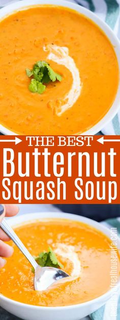 two bowls of butternut squash soup with a spoon