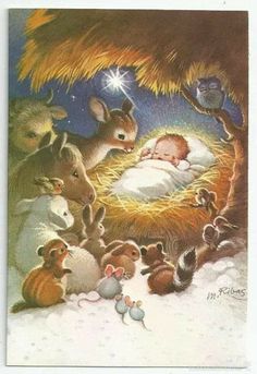 a nativity scene with baby jesus in the manger, surrounded by other animals