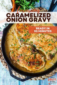 Pork chops in a skillet smothered in onion gravy. Turkey Cutlets With Gravy, Gravy For Pork Chops, Gravy For Pork, Pork Chop Gravy, Homemade Onion Gravy, Beef Mashed Potatoes, Brown Onion Gravy, Onion Gravy Recipe, Savoury Sauces