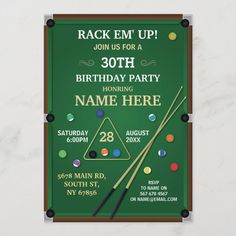 a pool table with cues and balls on it, next to a birthday party card