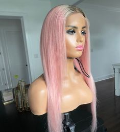 Virgin Human Hair Lace Front Wig Pink 150%Density 20" Pink Hair Wigs, Bangs Ponytail, Straight Lace Front Wig, Ombre Lace Front, Purple Wig, Green Wig, Pink Wig, Red Wigs, Hair Color Pink